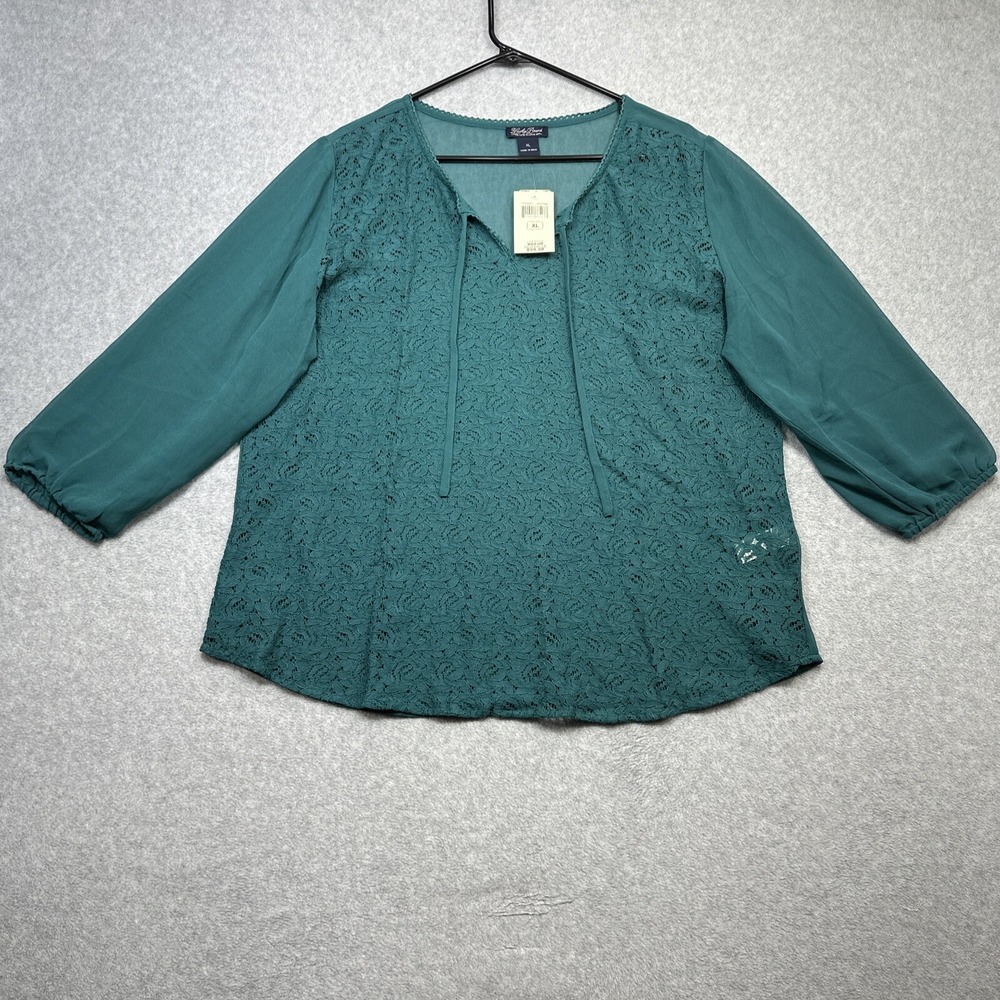 Lucky Brand Top XL Green Lace Sheer Peasant Style Boho Elevated Casual Tie Neck